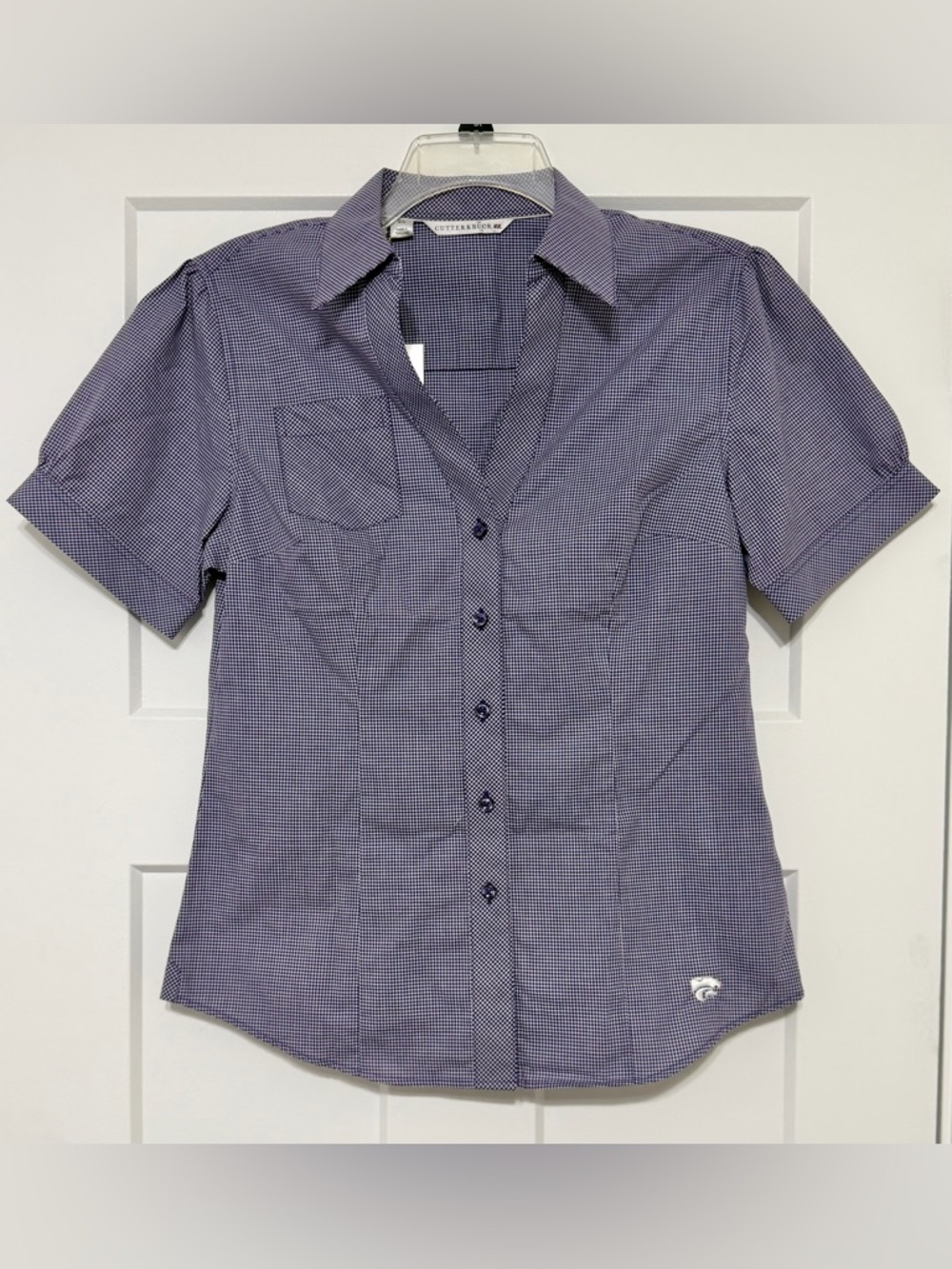 990: Cutter & Buck Purple/White Microcheck Short-Sleeve Button Shirt - Medium